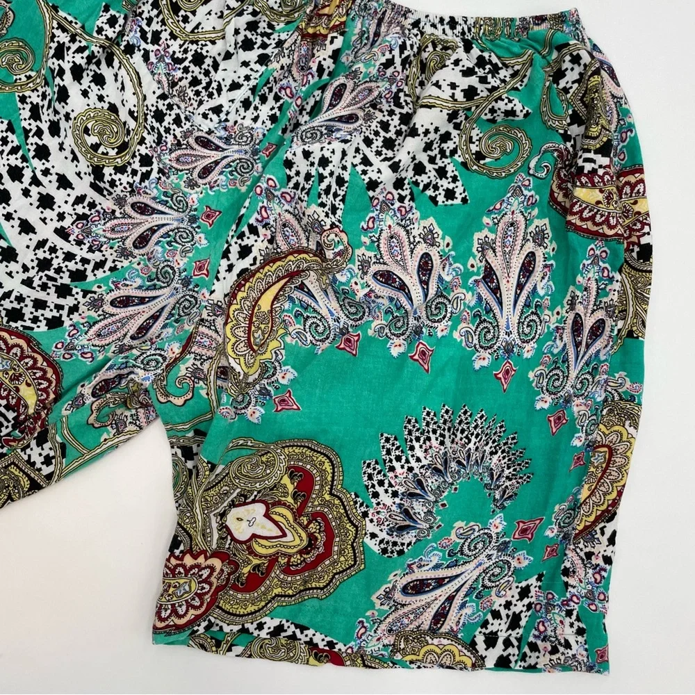 Paisley Shorts Women Lightweight‎ Boho Elastic Waistband PJs Casual Green White